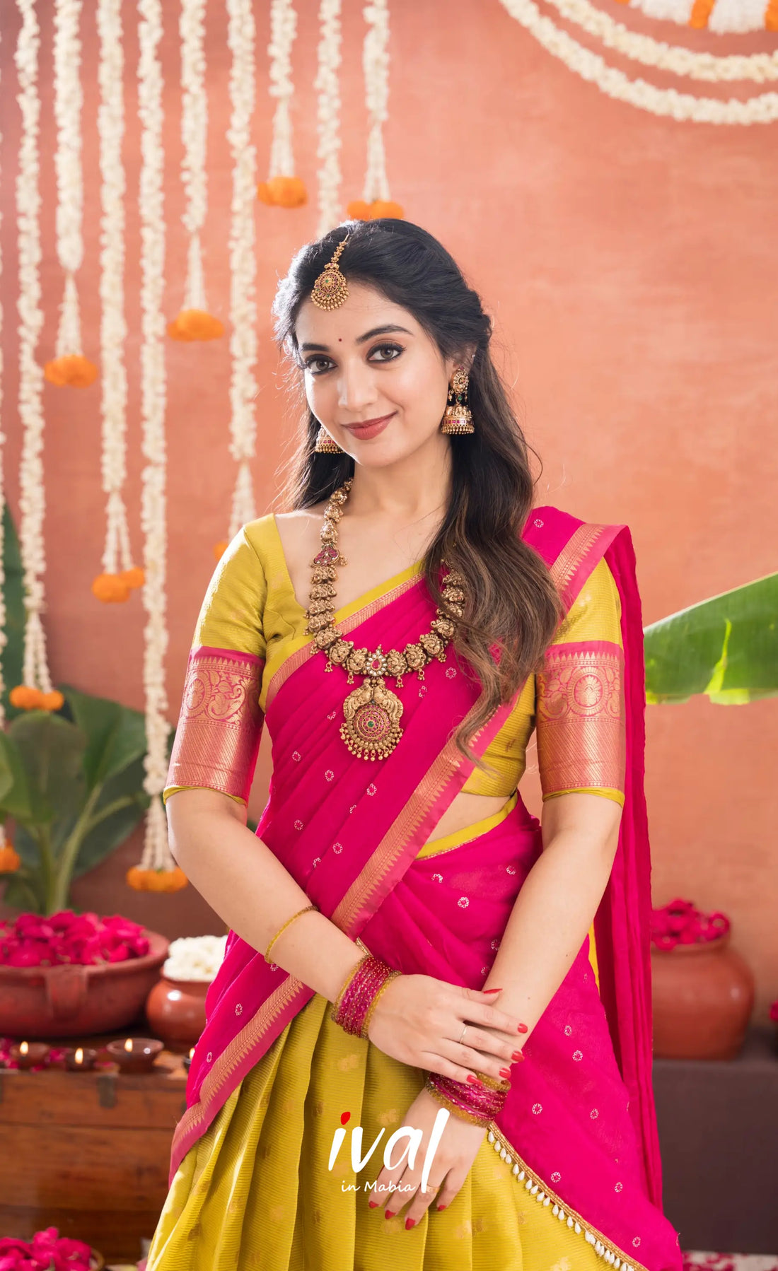 Izhaiyini Organza Halfsaree - Henna Yellow and Rani pink - Half Sarees