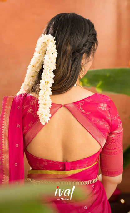 Izhaiyini Organza Halfsaree - Henna Yellow and Rani pink - Half Sarees