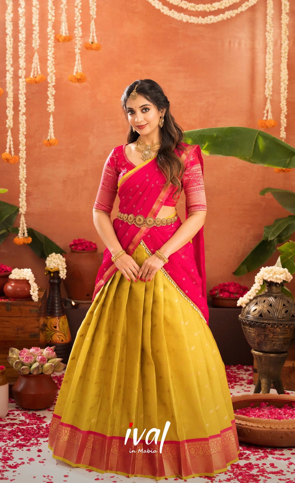 Izhaiyini Organza Halfsaree - Henna Yellow and Rani pink - Half Sarees