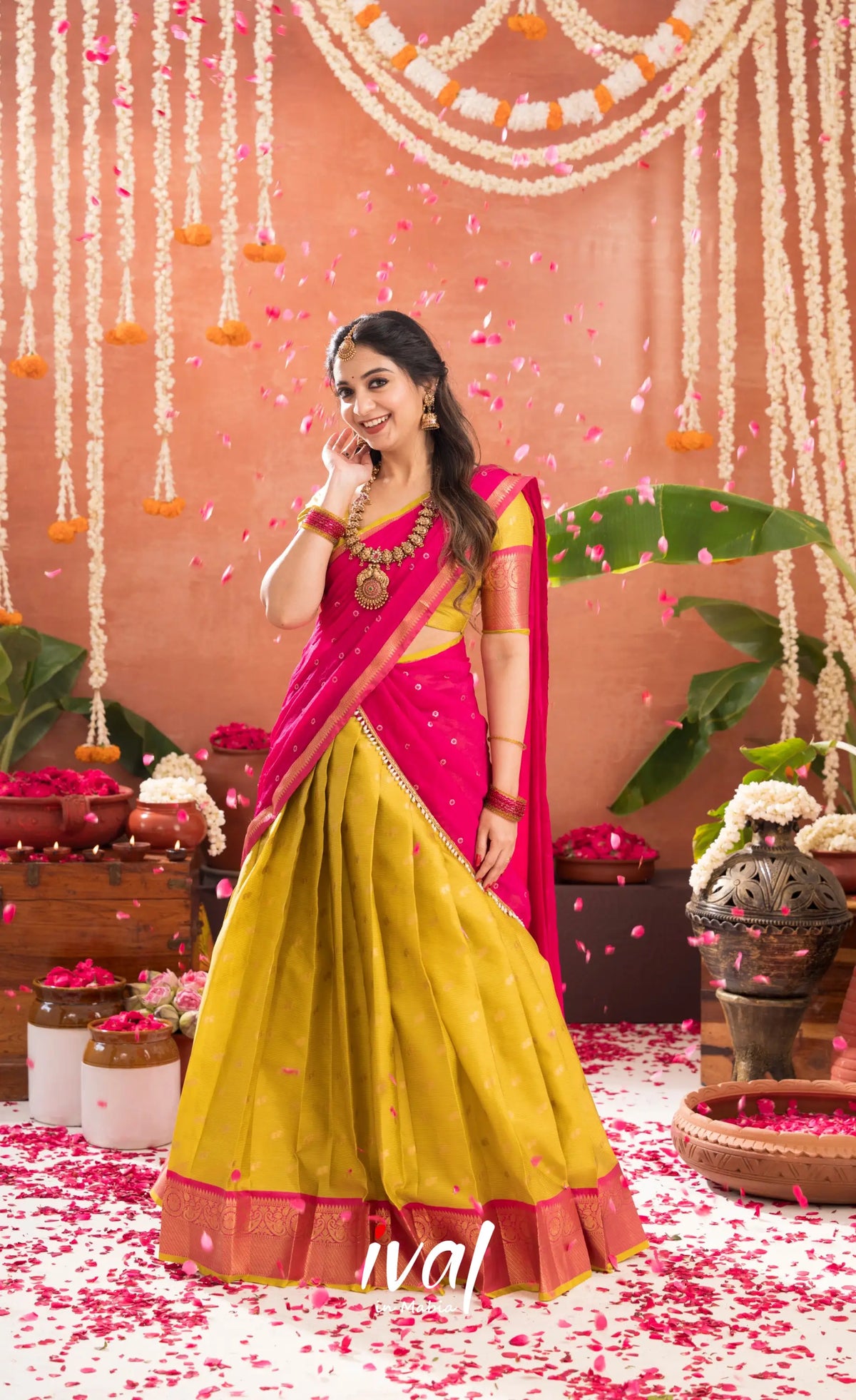 Izhaiyini Organza Halfsaree - Henna Yellow and Rani pink - Half Sarees