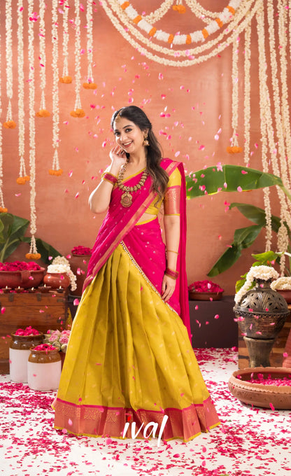 Izhaiyini Organza Halfsaree - Henna Yellow and Rani pink - Half Sarees