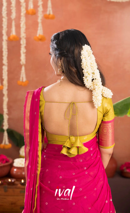 Izhaiyini Organza Halfsaree - Henna Yellow and Rani pink - Half Sarees