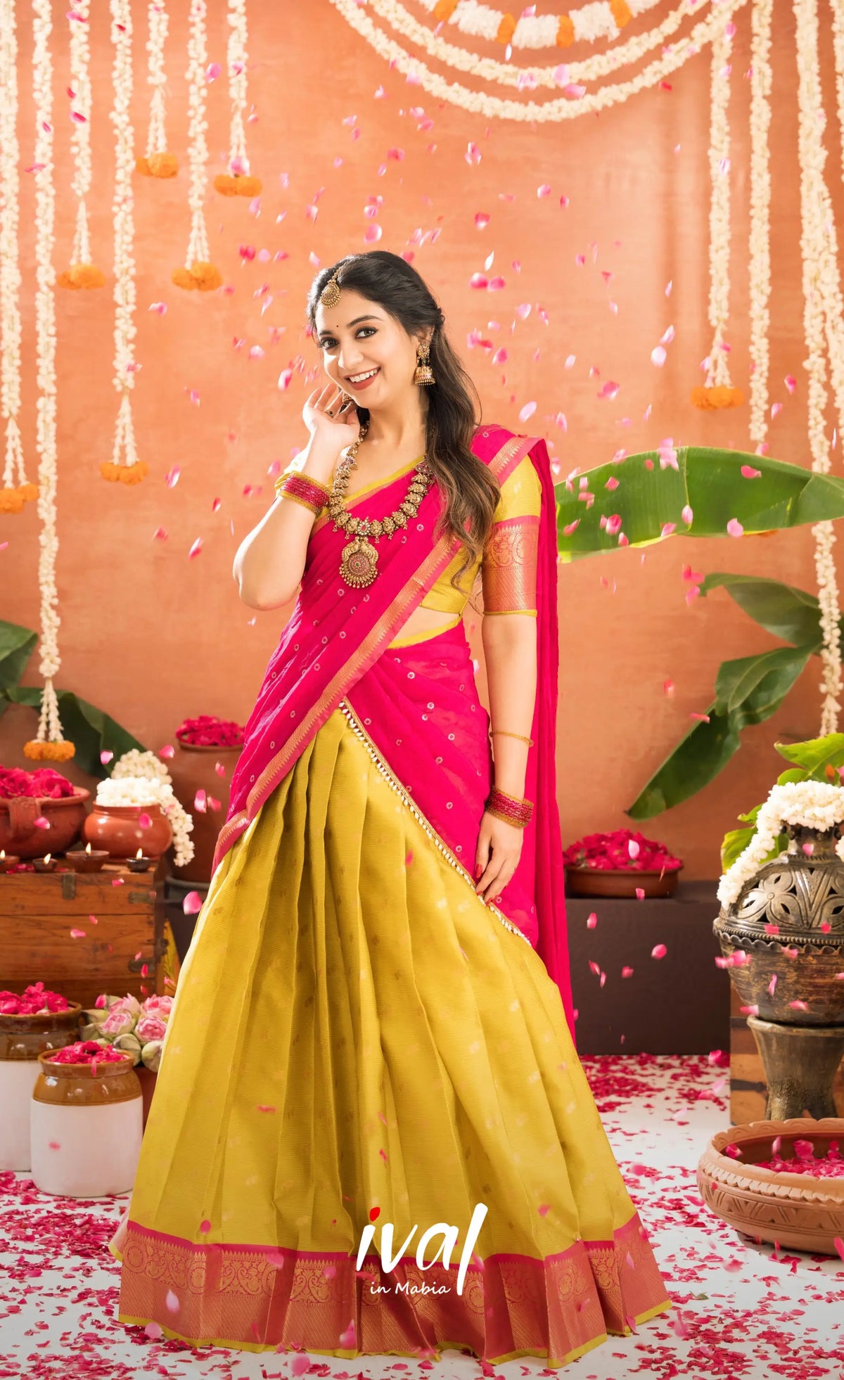 Izhaiyini Organza Halfsaree - Henna Yellow and Rani pink - Half Sarees