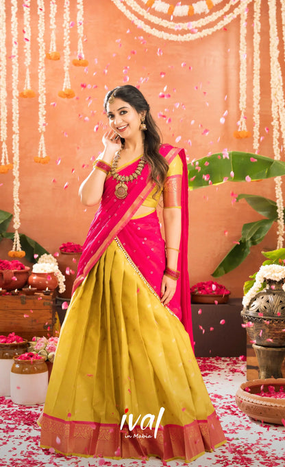 Izhaiyini Organza Halfsaree - Henna Yellow and Rani pink - Half Sarees