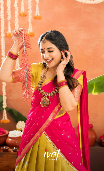Izhaiyini Organza Halfsaree - Henna Yellow and Rani pink - Half Sarees