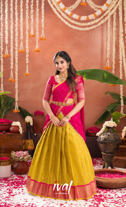 Izhaiyini Organza Halfsaree - Henna Yellow and Rani pink - Half Sarees