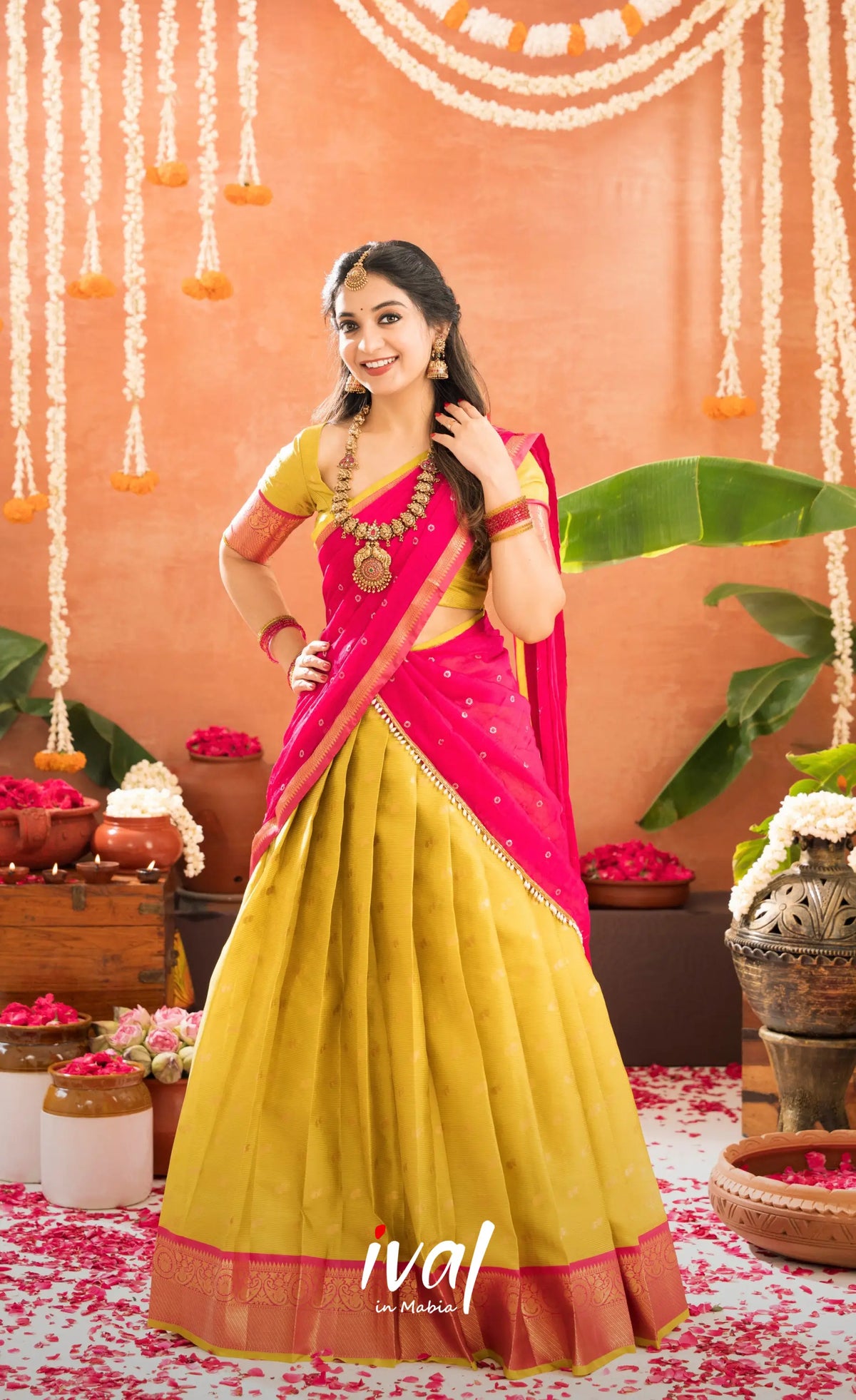 Izhaiyini Organza Halfsaree - Henna Yellow and Rani pink - Half Sarees