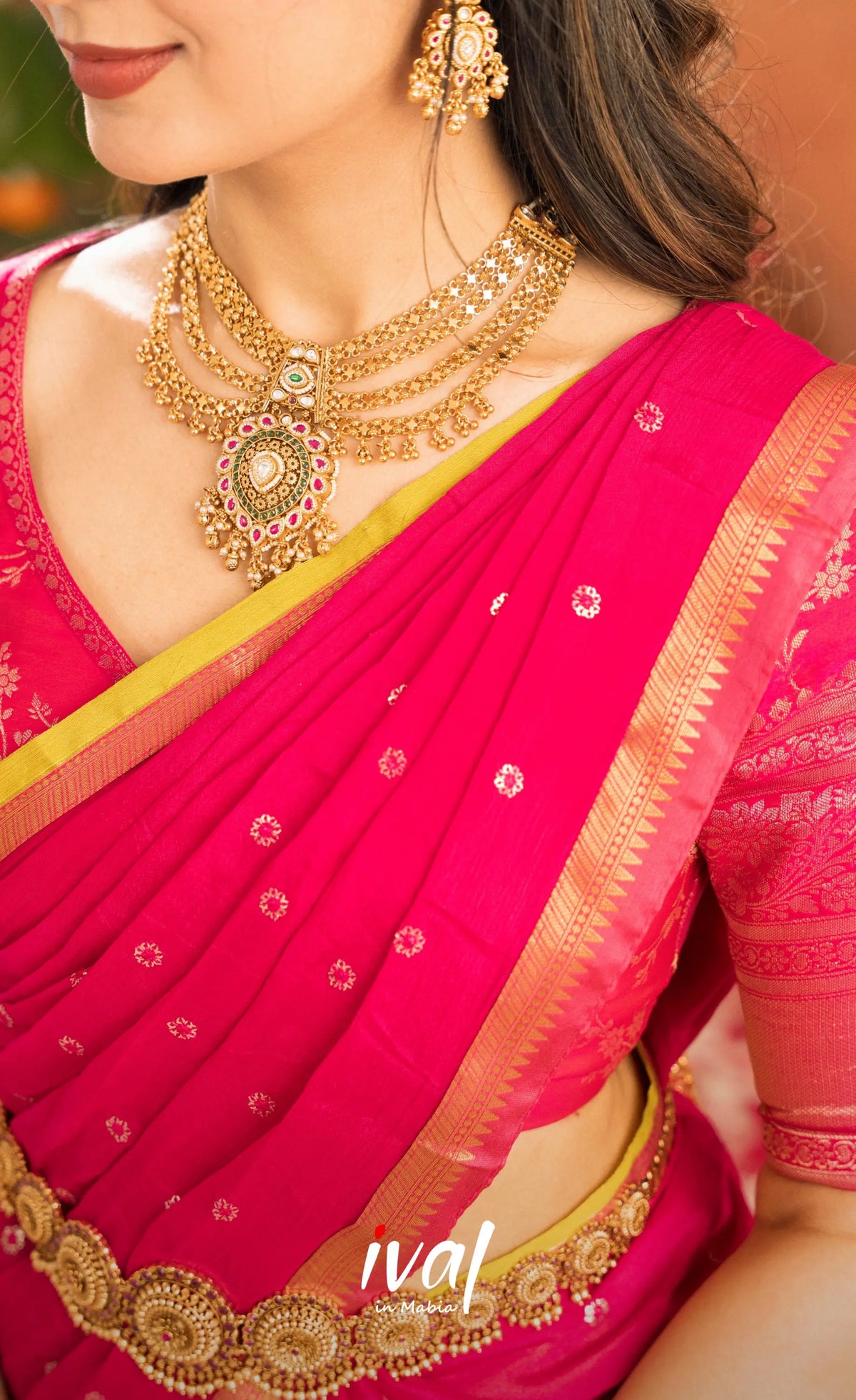 Izhaiyini Organza Halfsaree - Henna Yellow and Rani pink - Half Sarees