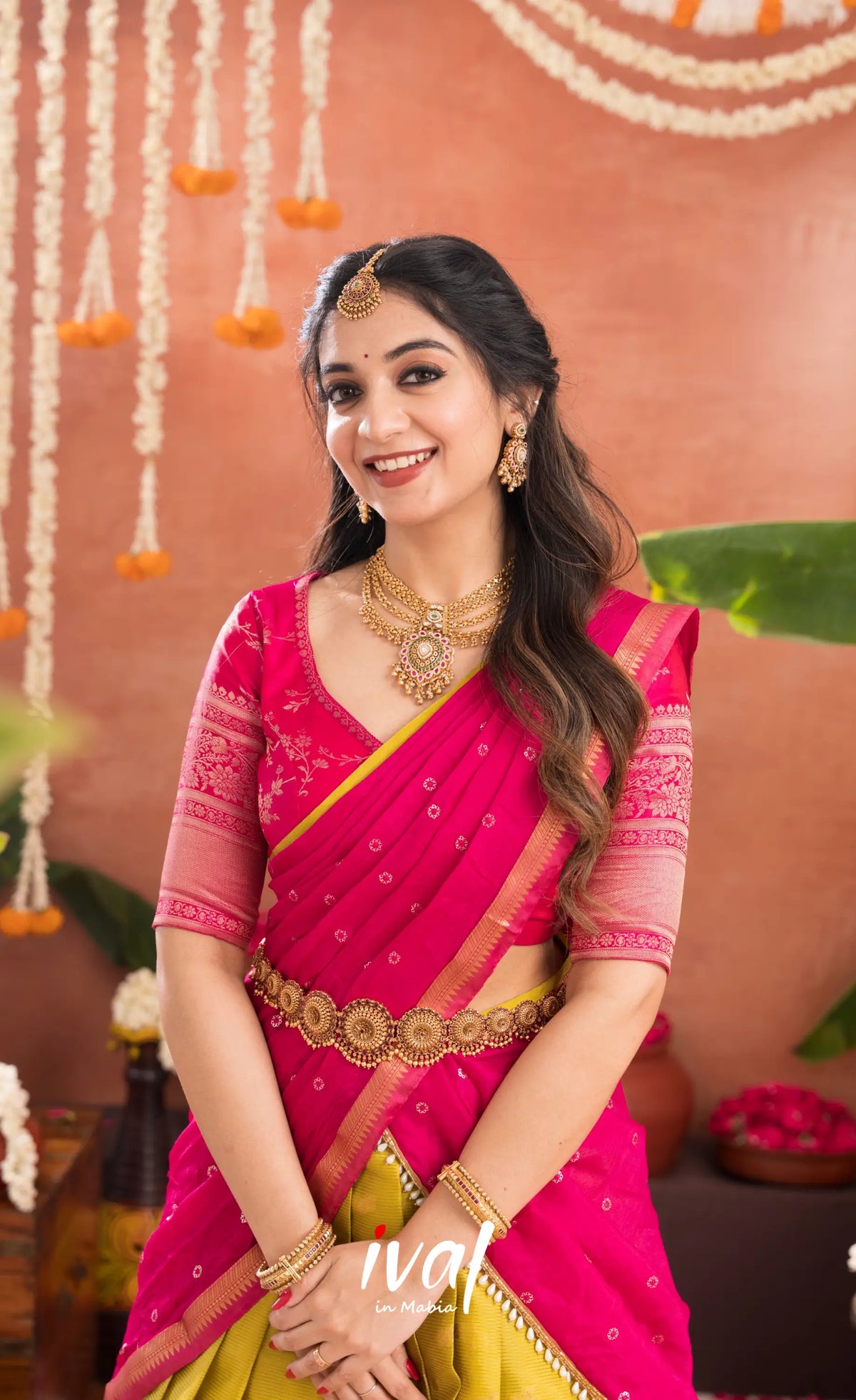Izhaiyini Organza Halfsaree - Henna Yellow and Rani pink - Half Sarees