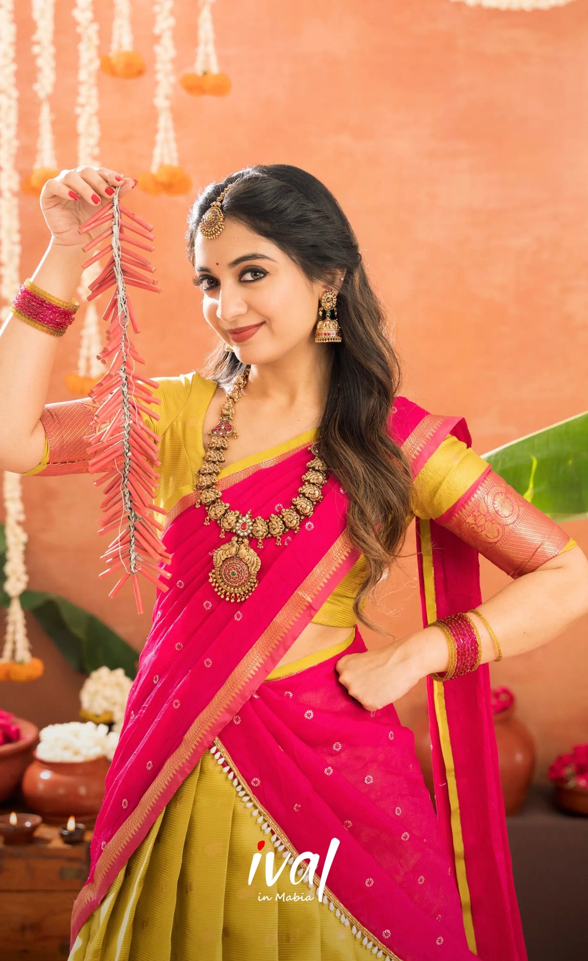 Izhaiyini Organza Halfsaree - Henna Yellow and Rani pink - Half Sarees