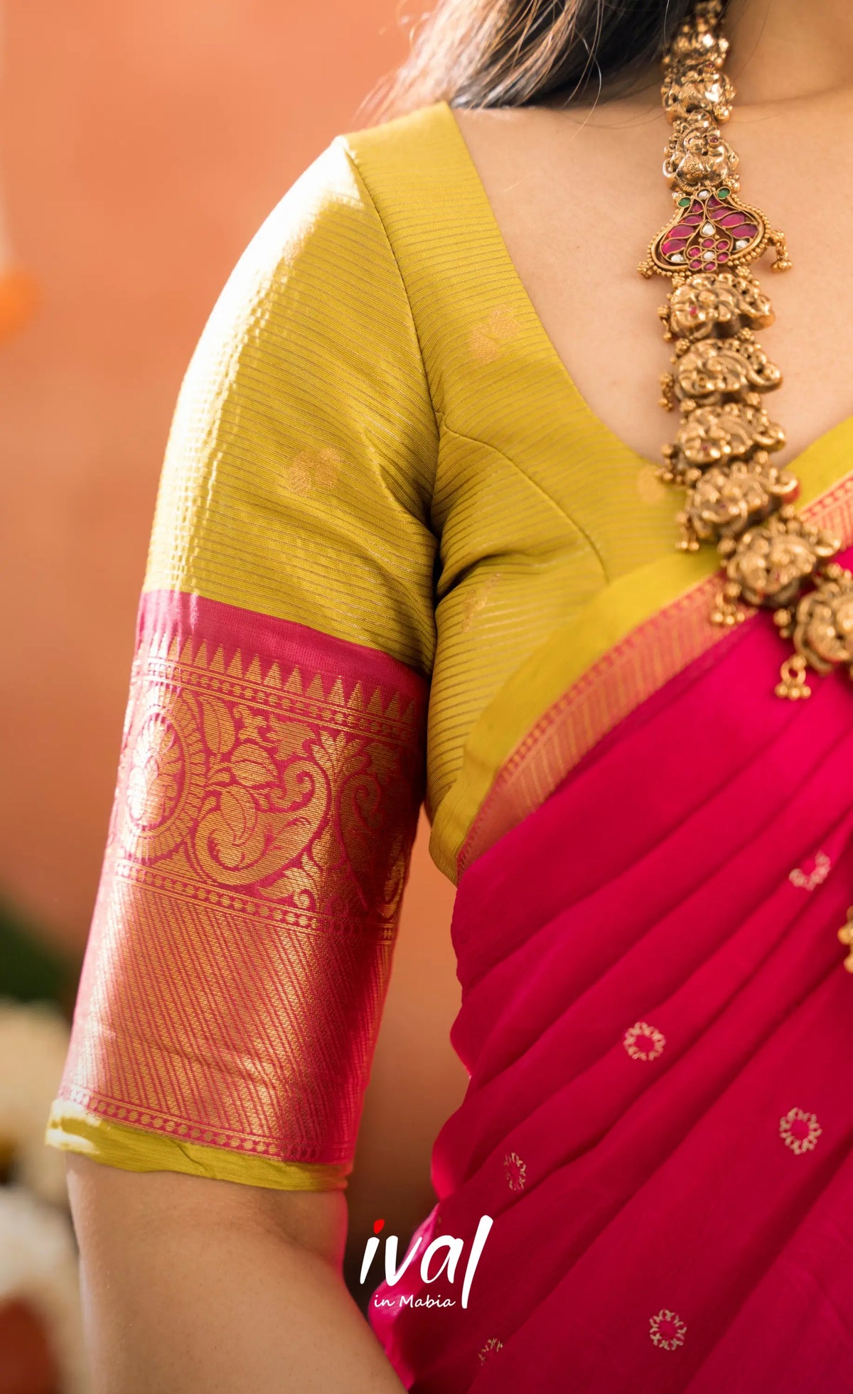 Izhaiyini Organza Halfsaree - Henna Yellow and Rani pink - Half Sarees