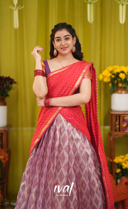 Izhaiyini Organza Halfsaree - Lavender and Bright red - Half Sarees