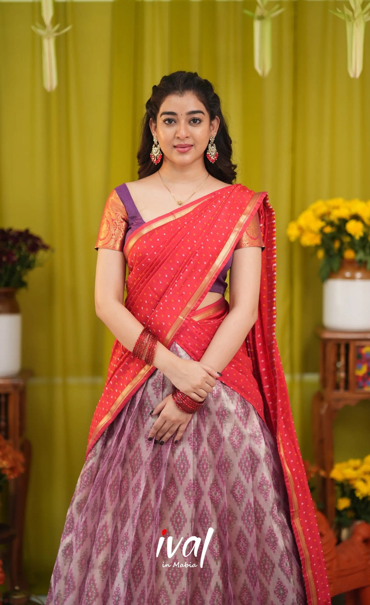 Izhaiyini Organza Halfsaree - Lavender and Bright red - Half Sarees