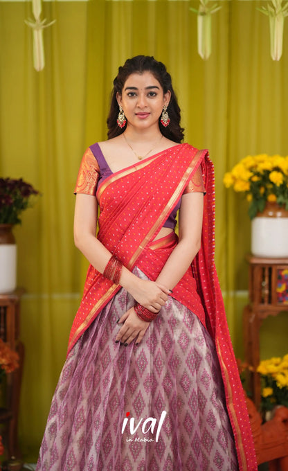 Izhaiyini Organza Halfsaree - Lavender and Bright red - Half Sarees