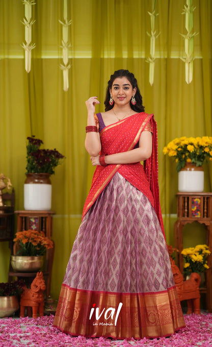 Izhaiyini Organza Halfsaree - Lavender and Bright red - Half Sarees