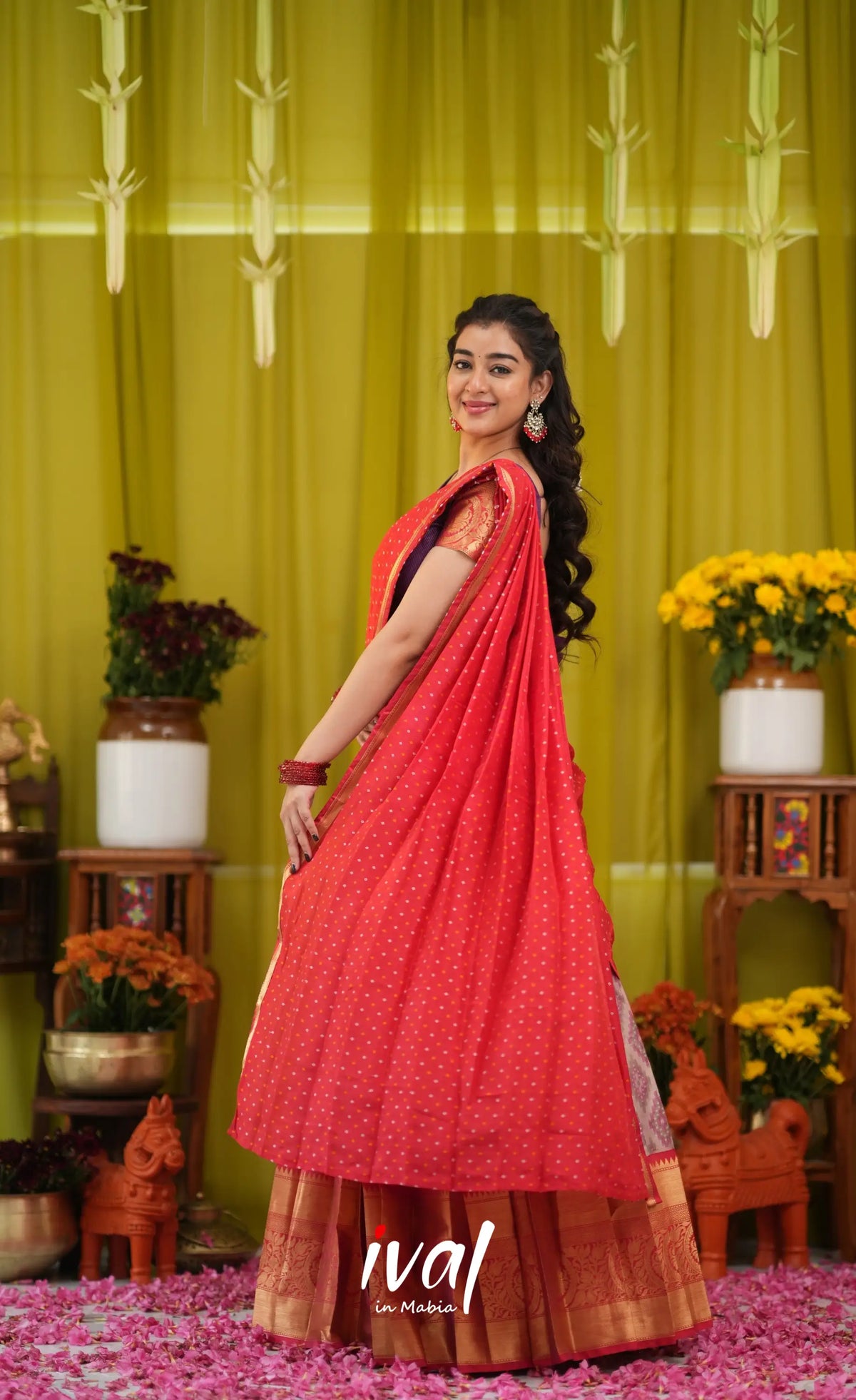 Izhaiyini Organza Halfsaree - Lavender and Bright red - Half Sarees
