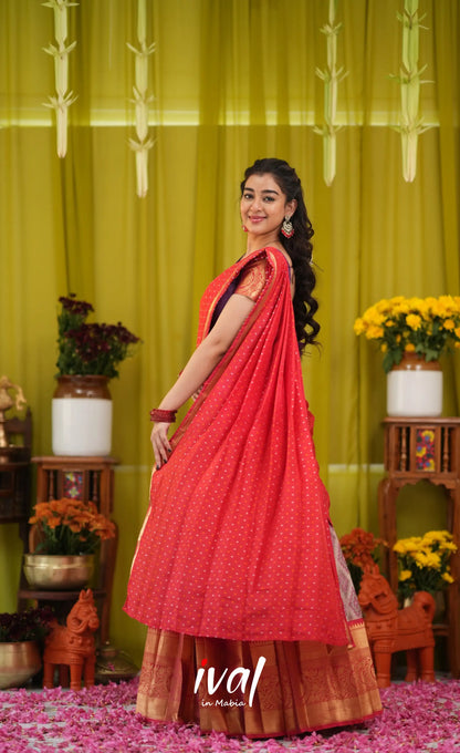 Izhaiyini Organza Halfsaree - Lavender and Bright red - Half Sarees