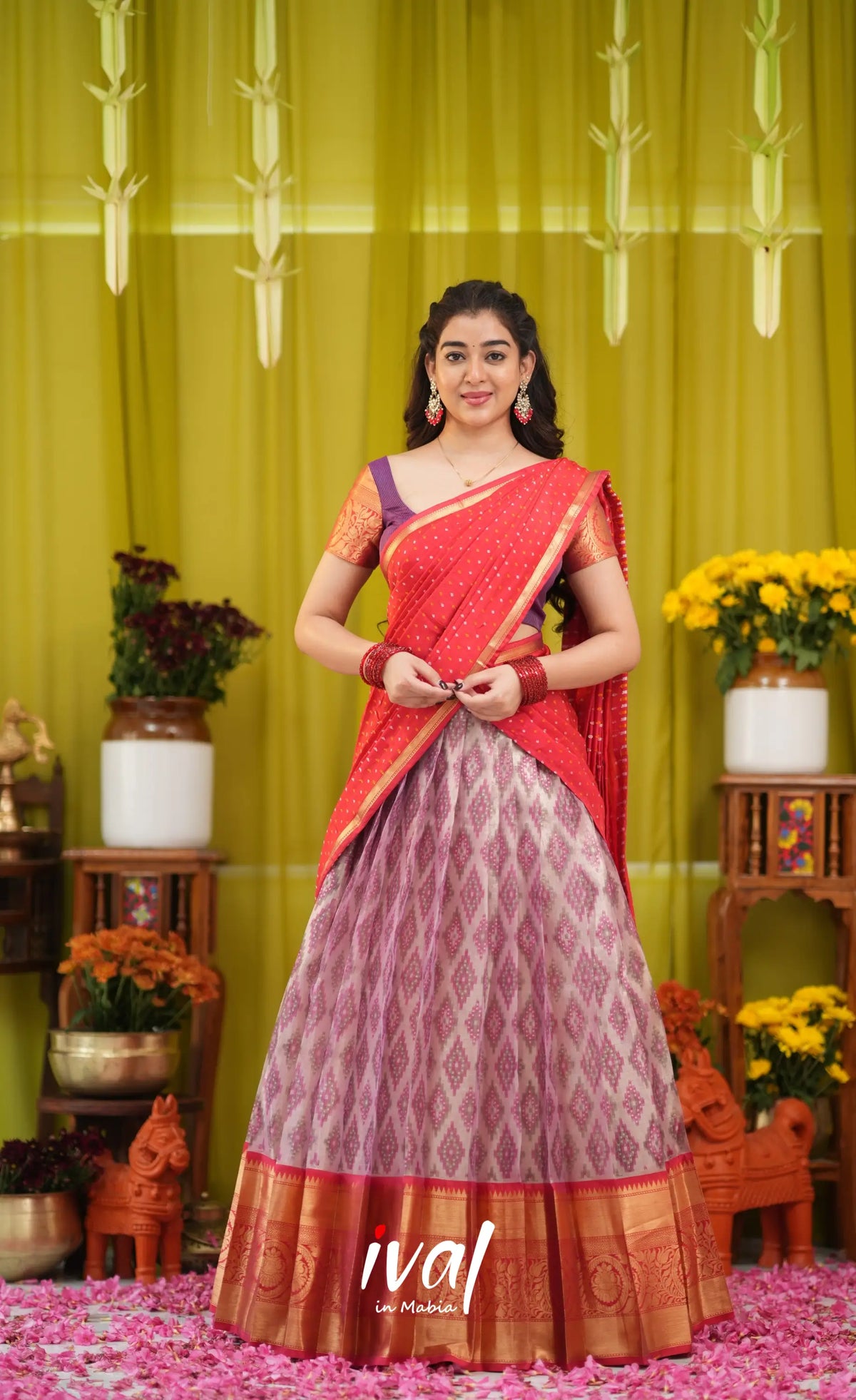 Izhaiyini Organza Halfsaree - Lavender and Bright red - Half Sarees