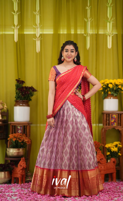 Izhaiyini Organza Halfsaree - Lavender and Bright red - Half Sarees