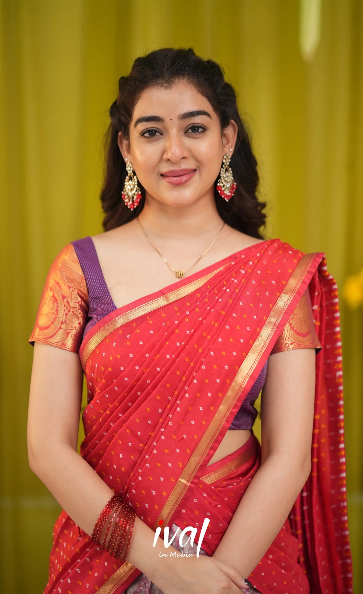 Izhaiyini Organza Halfsaree - Lavender and Bright red - Half Sarees
