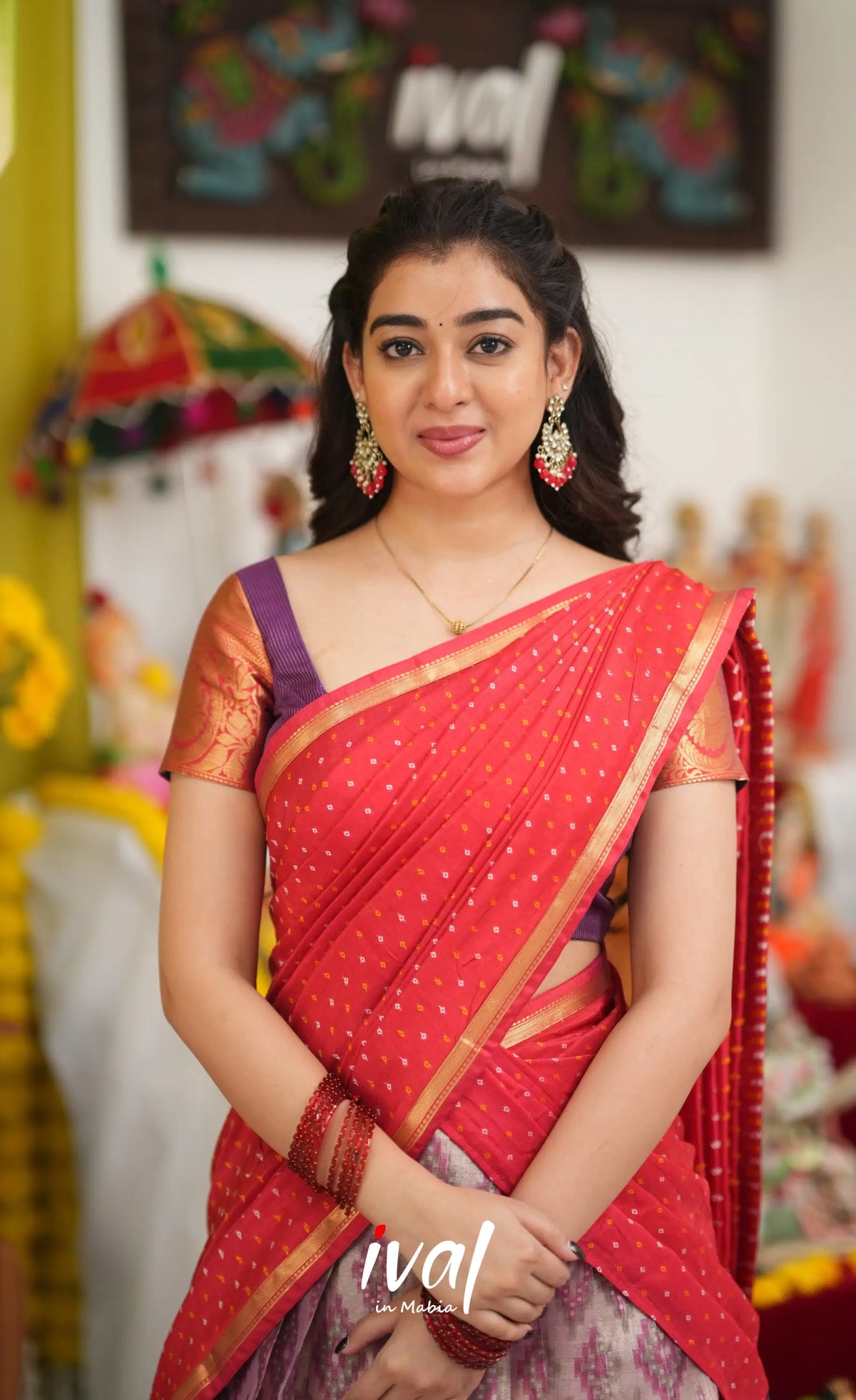 Izhaiyini Organza Halfsaree - Lavender and Bright red - Half Sarees