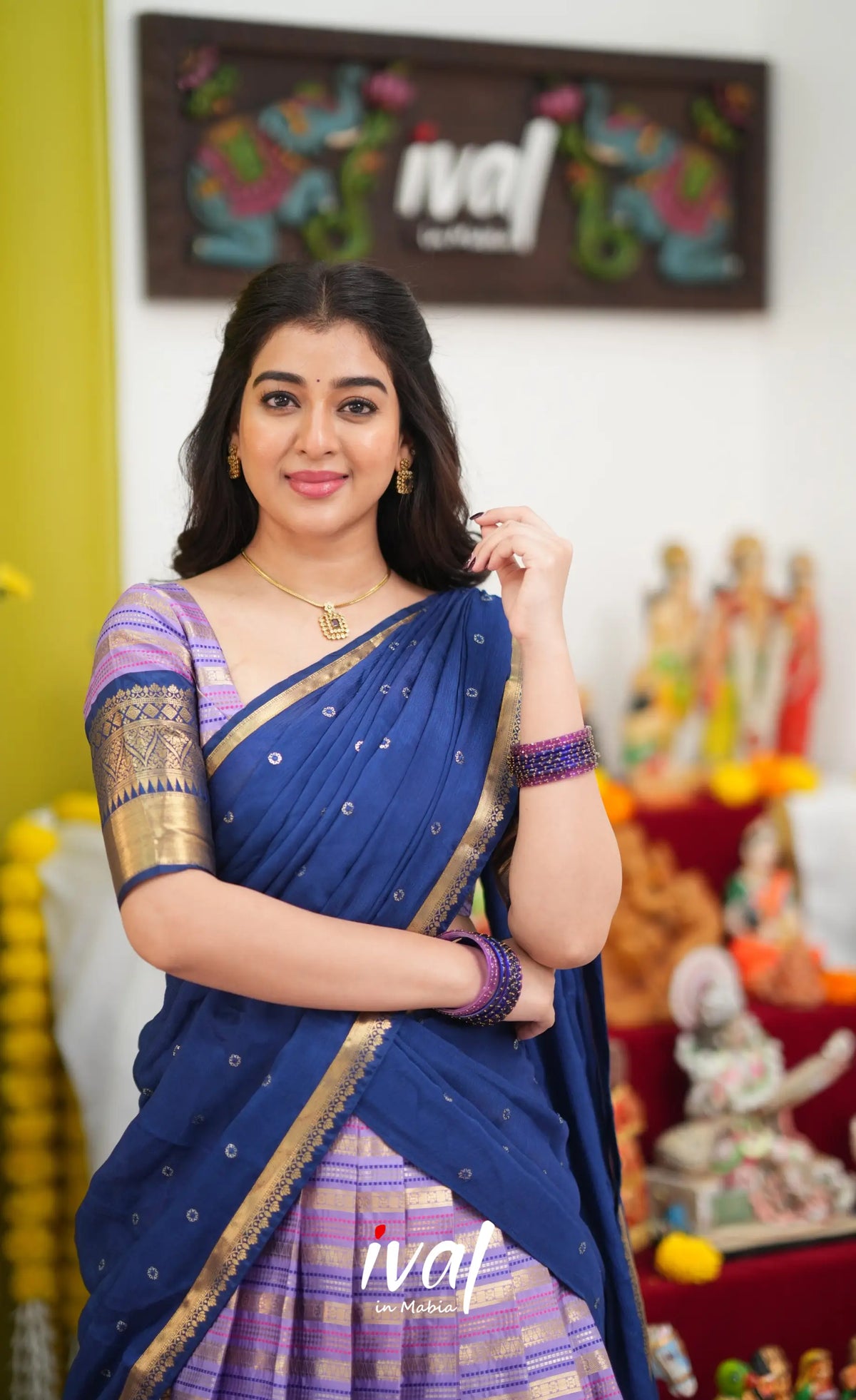 Izhaiyini Organza Halfsaree - Lavender and Navy Blue - Half Sarees