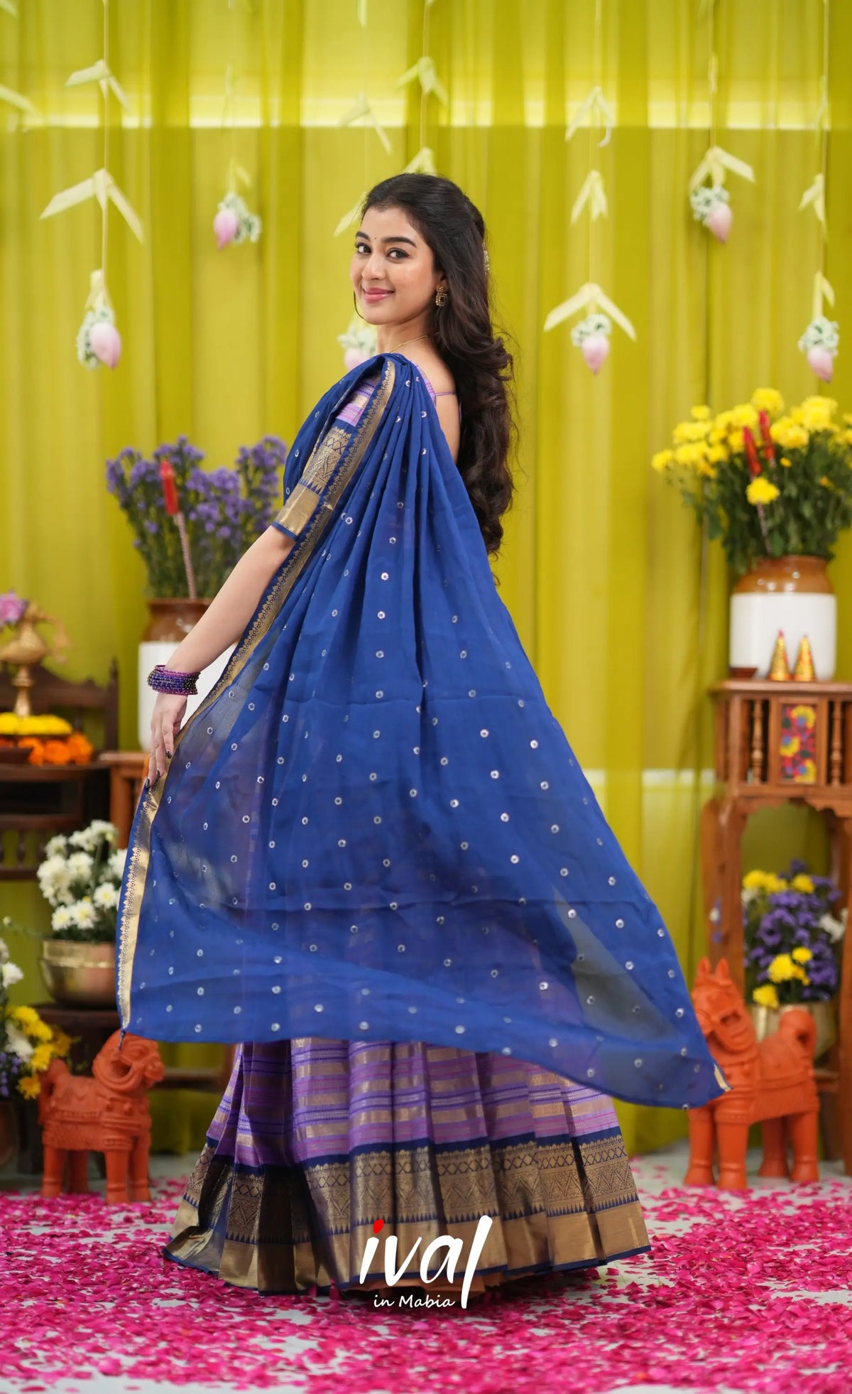 Izhaiyini Organza Halfsaree - Lavender and Navy Blue - Half Sarees