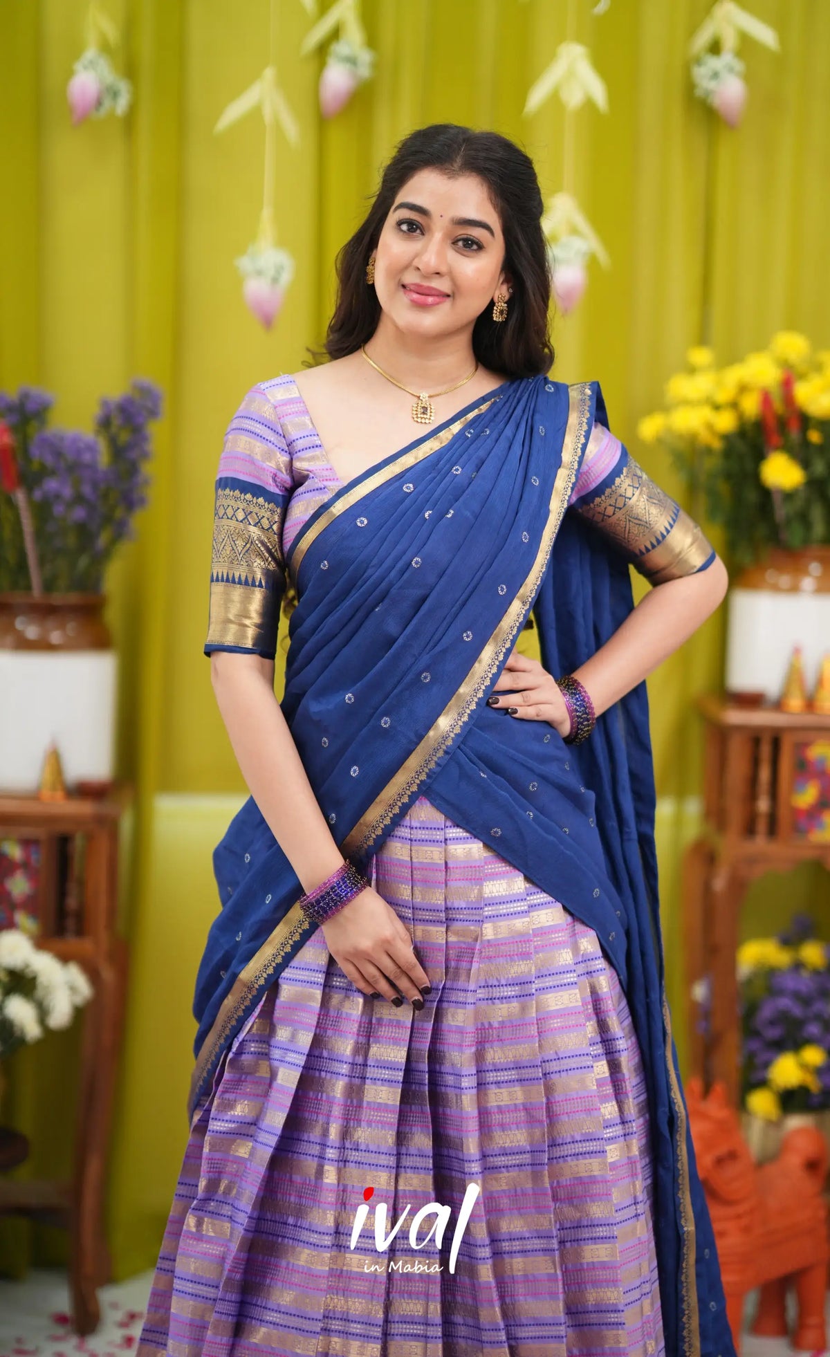 Izhaiyini Organza Halfsaree - Lavender and Navy Blue - Half Sarees