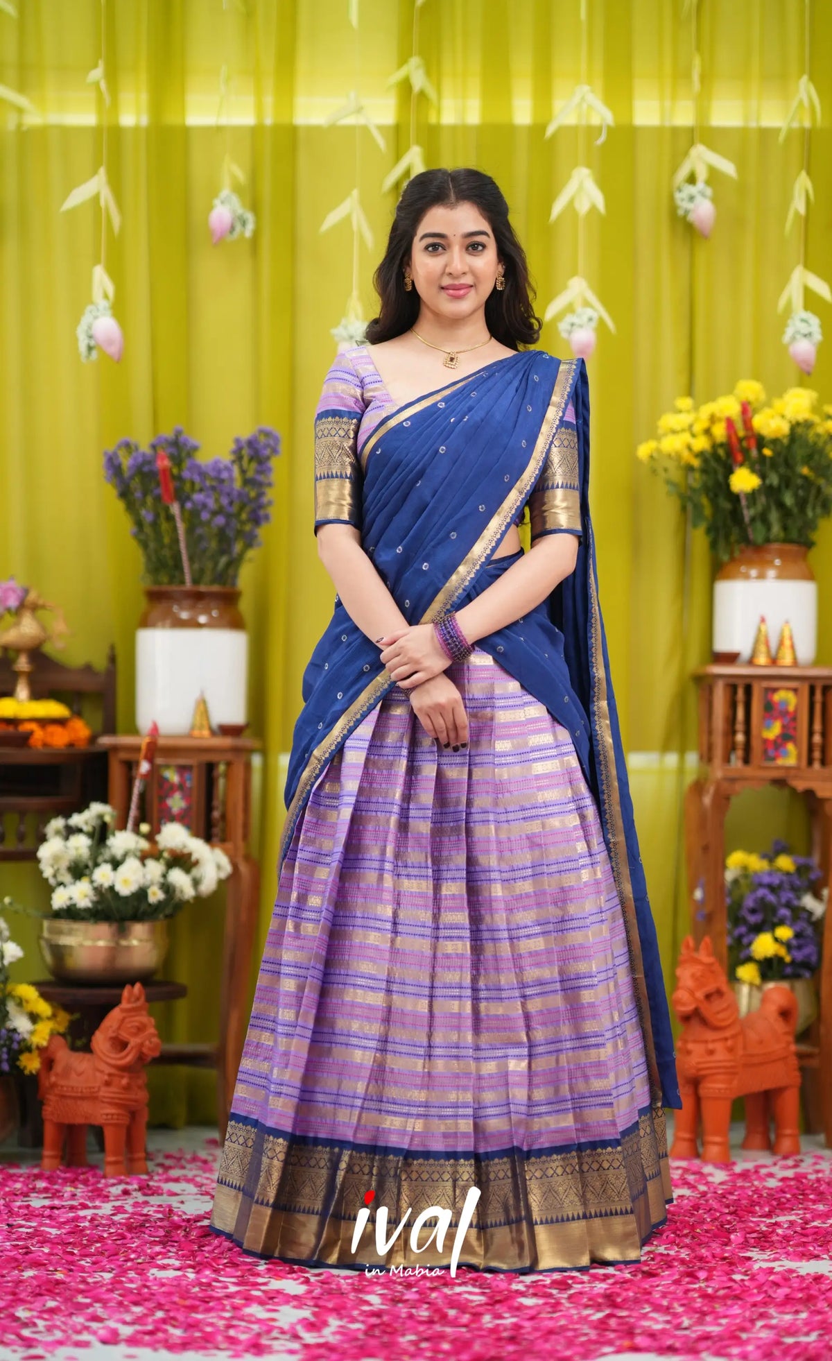 Izhaiyini Organza Halfsaree - Lavender and Navy Blue - Half Sarees