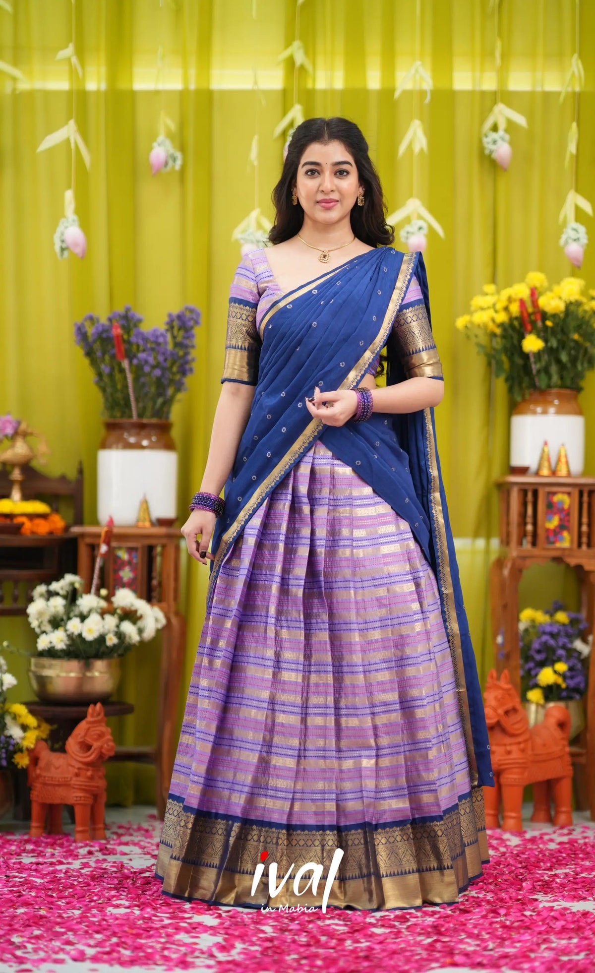 Izhaiyini Organza Halfsaree - Lavender and Navy Blue - Half Sarees