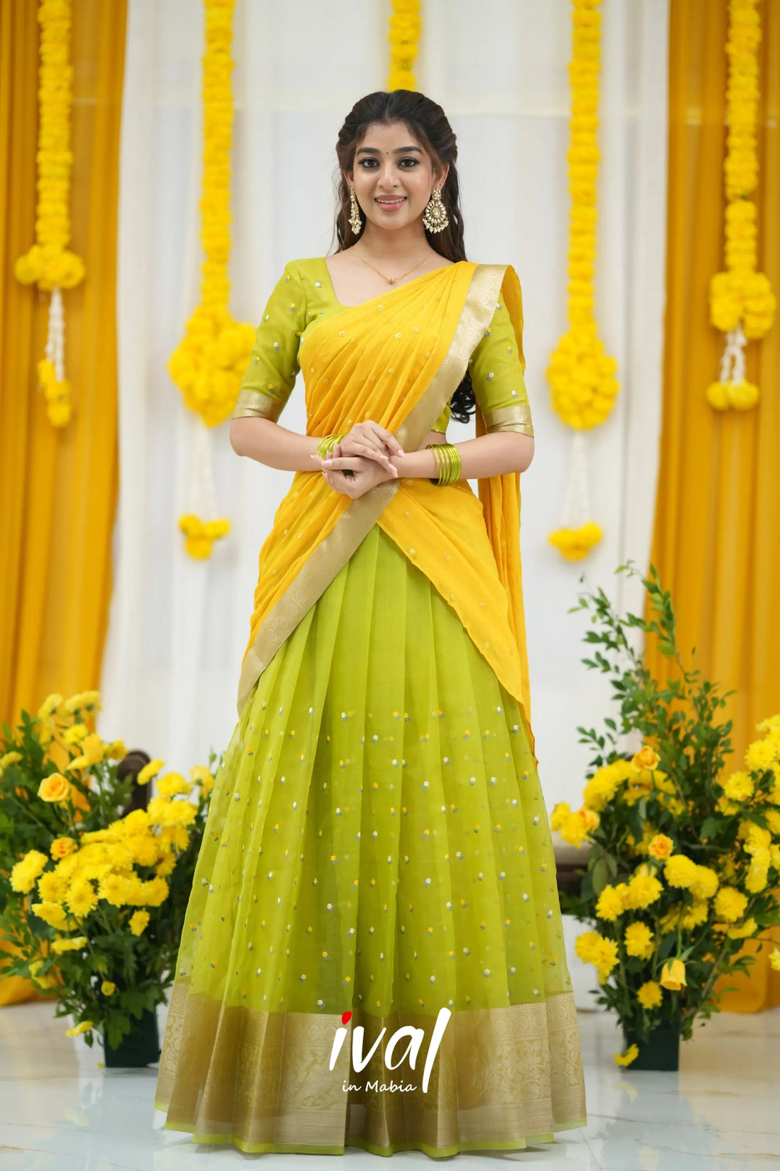 Izhaiyini Organza Halfsaree - Leaf Green and Yellow Half Sarees