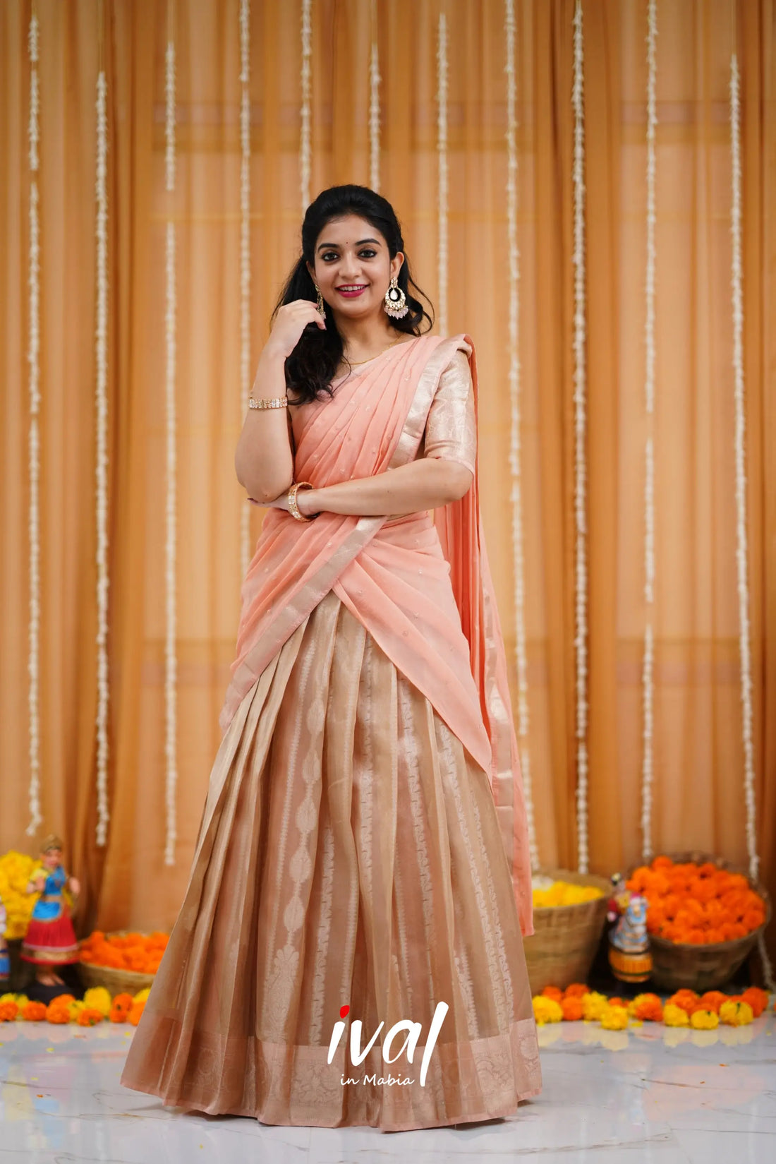 Izhaiyini Organza Halfsaree - Light Beige And Peach Half Sarees