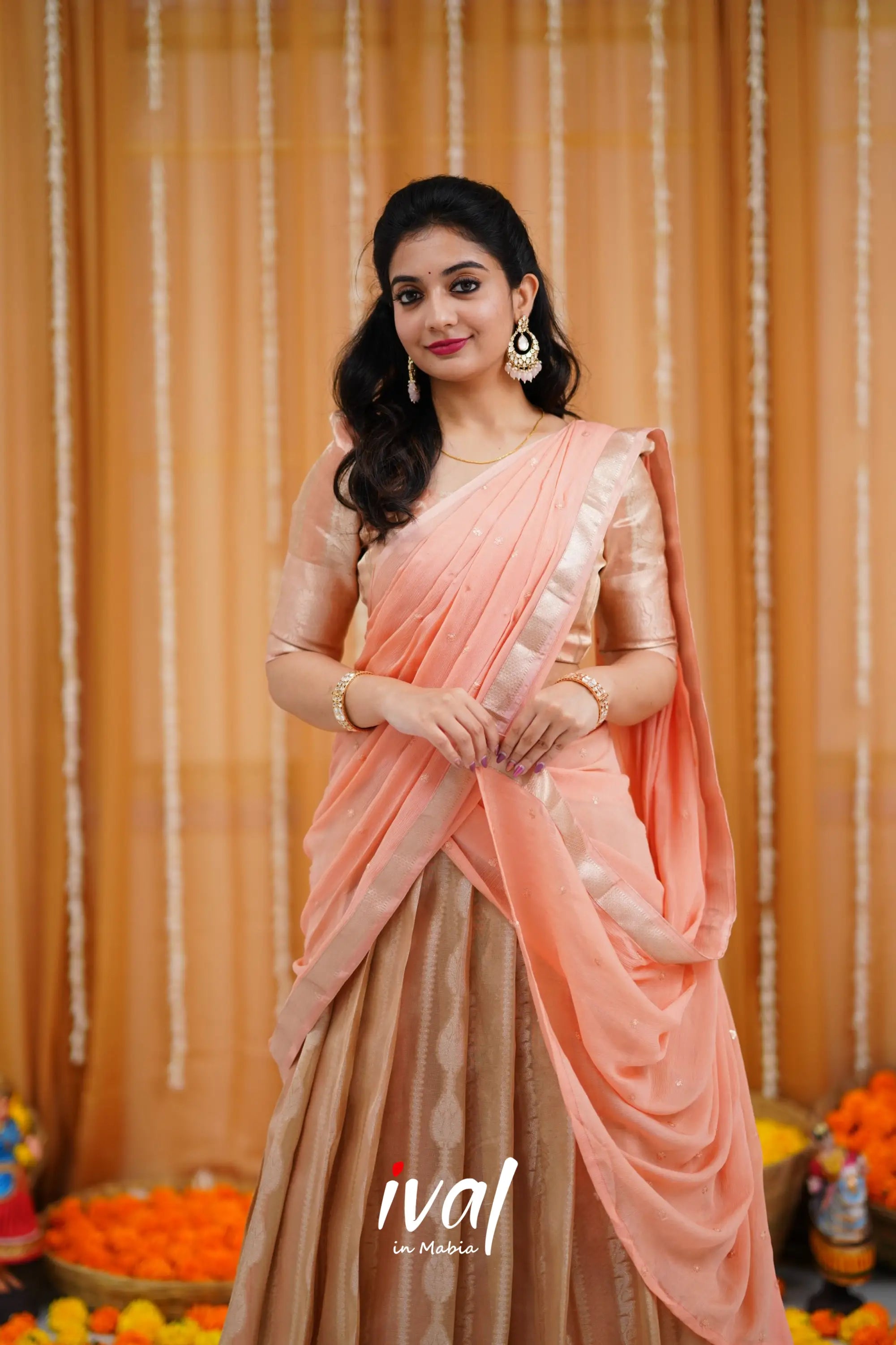 Izhaiyini Organza Halfsaree - Light Beige And Peach Half Sarees