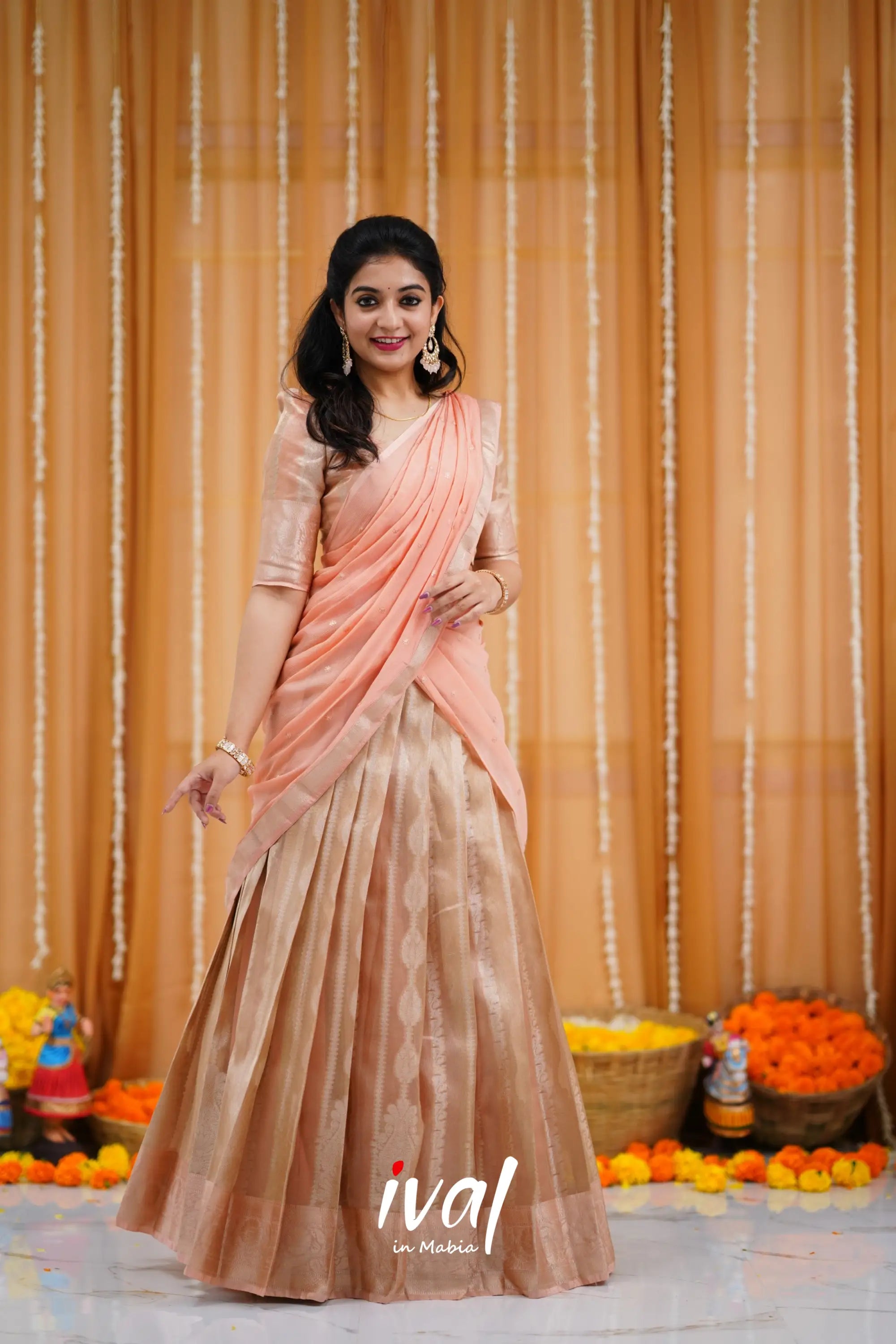 Izhaiyini Organza Halfsaree - Light Beige And Peach Half Sarees