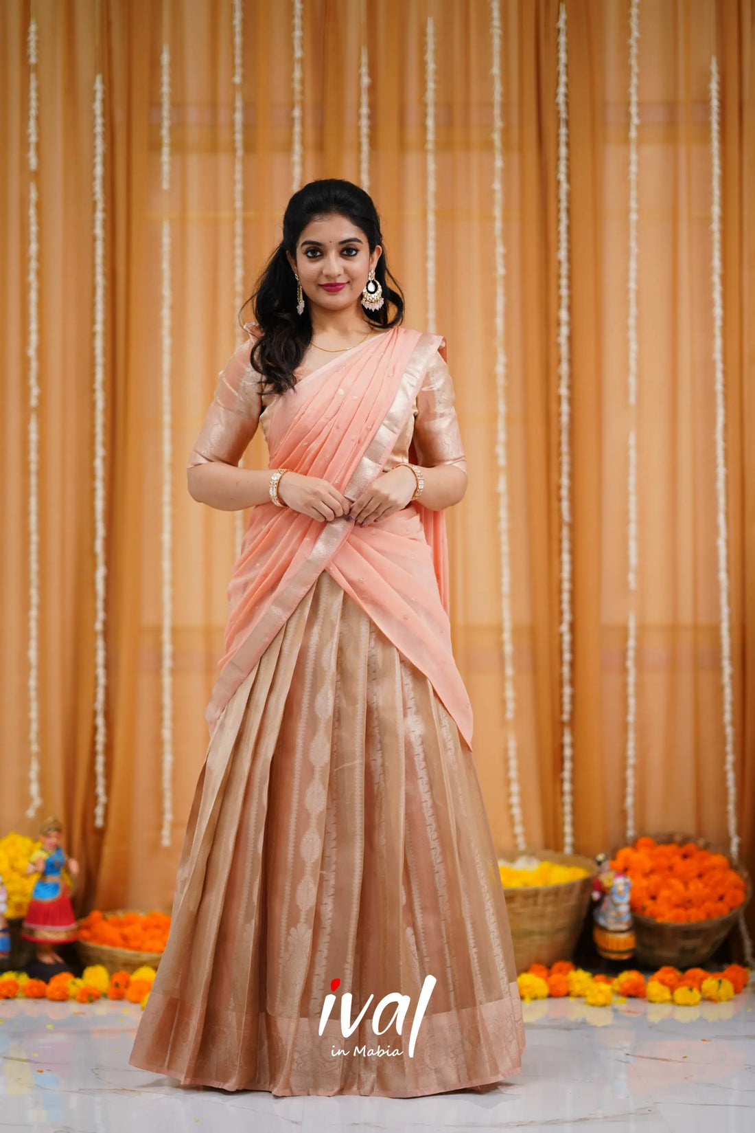 Izhaiyini Organza Halfsaree - Light Beige And Peach Half Sarees