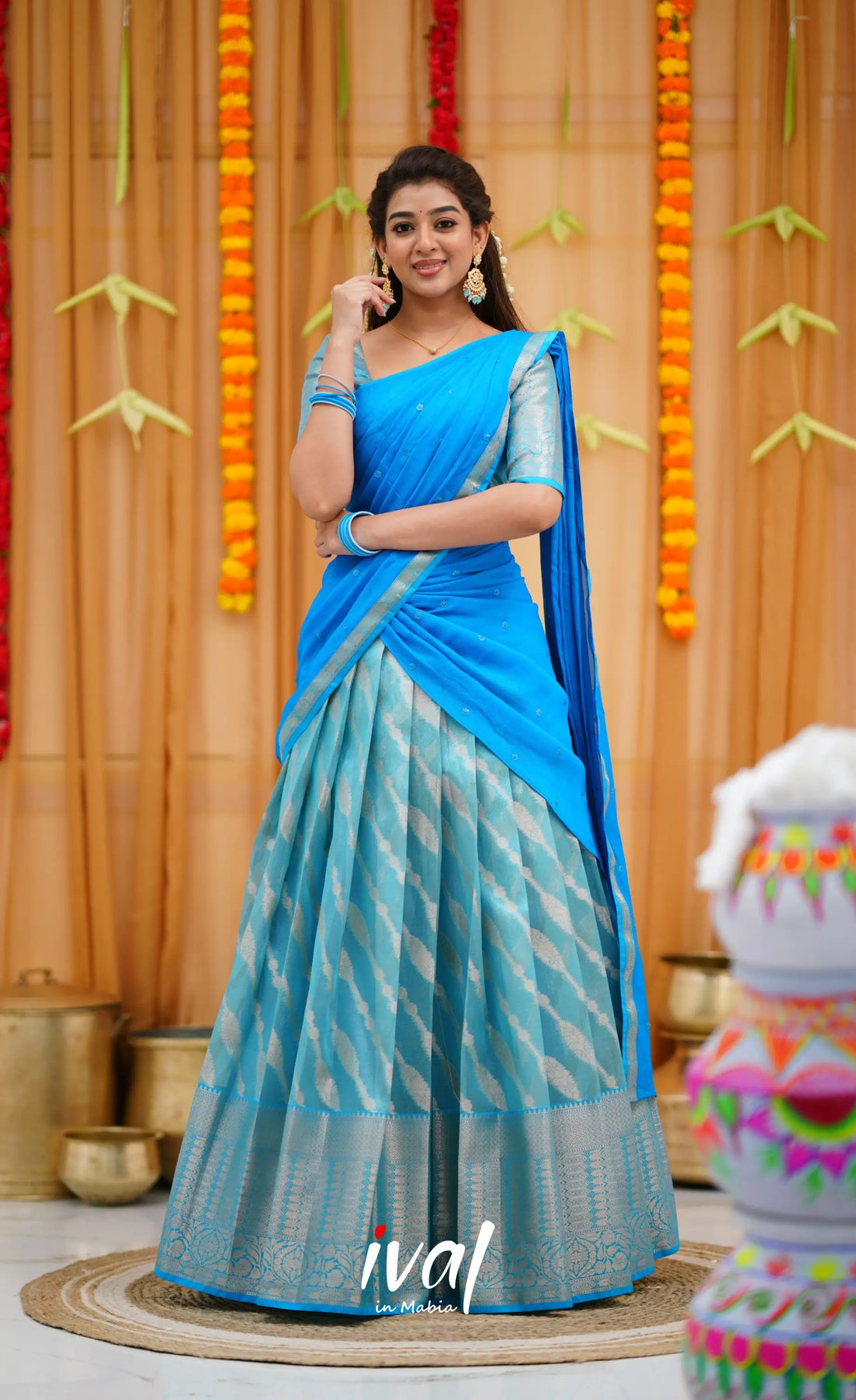 Izhaiyini Organza Halfsaree - Light Blue and Blue Half Sarees