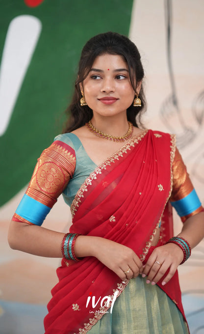 Izhaiyini Organza Halfsaree - Light Blue and Red - Half Sarees