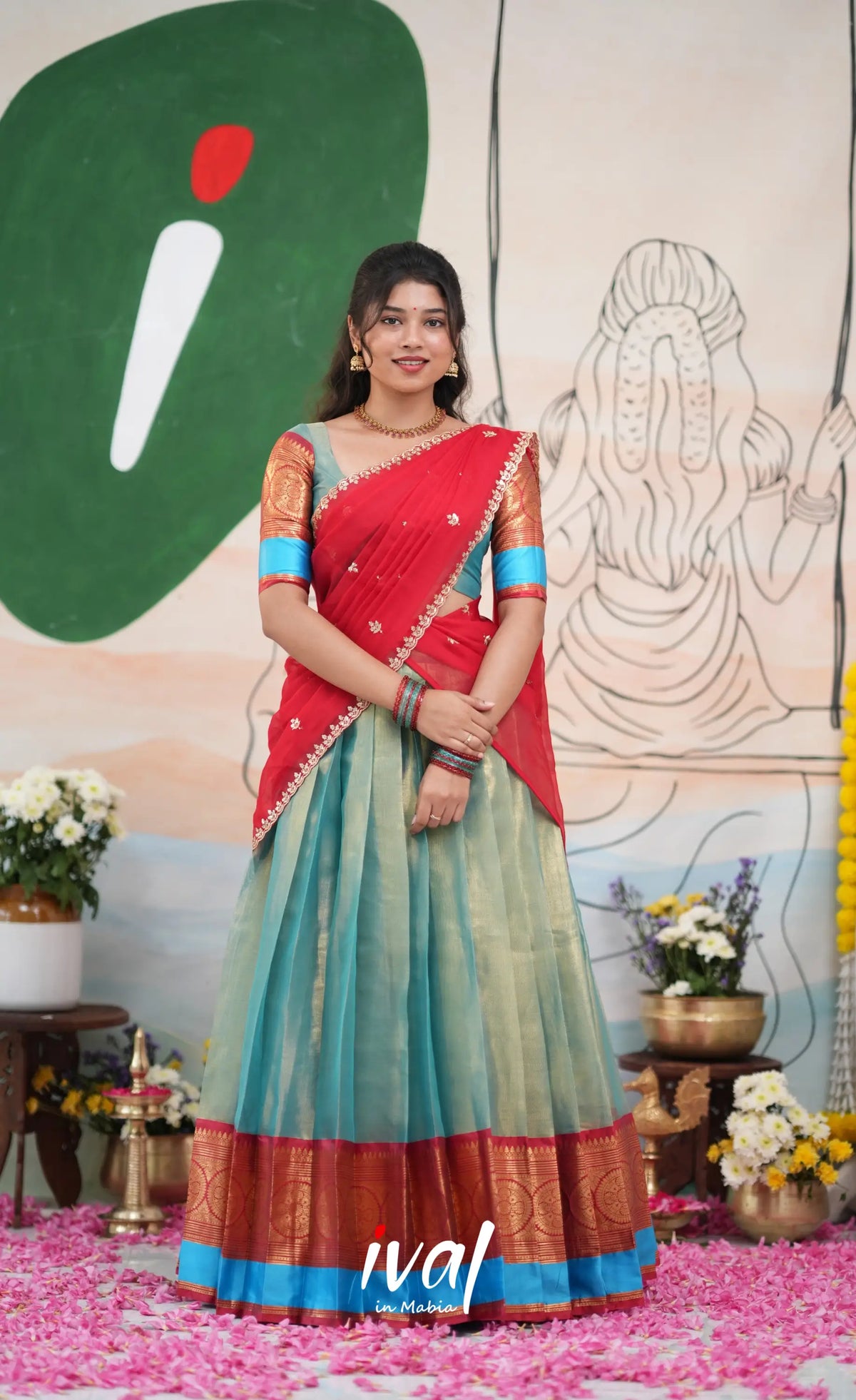Izhaiyini Organza Halfsaree - Light Blue and Red - Half Sarees