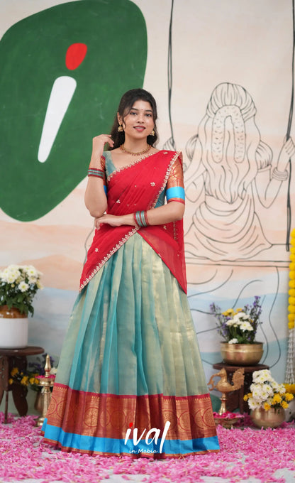 Izhaiyini Organza Halfsaree - Light Blue and Red - Half Sarees