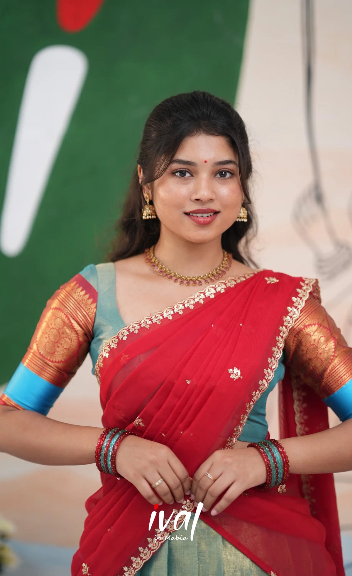 Izhaiyini Organza Halfsaree - Light Blue and Red - Half Sarees