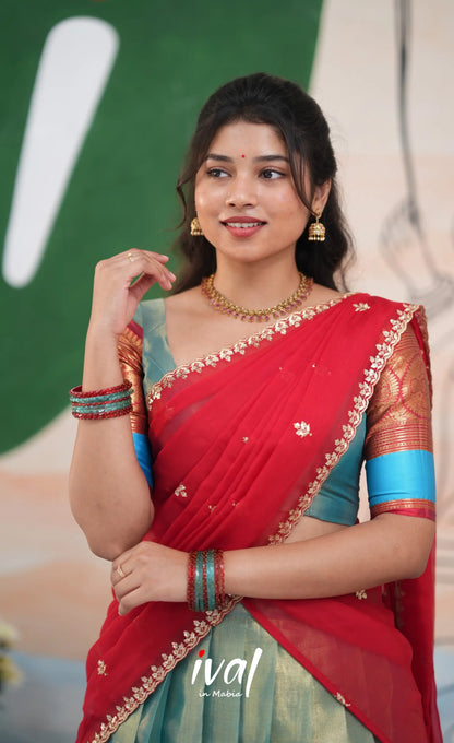 Izhaiyini Organza Halfsaree - Light Blue and Red - Half Sarees