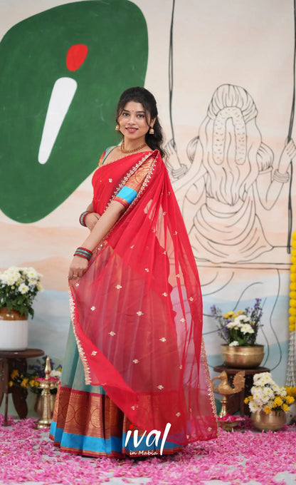 Izhaiyini Organza Halfsaree - Light Blue and Red - Half Sarees