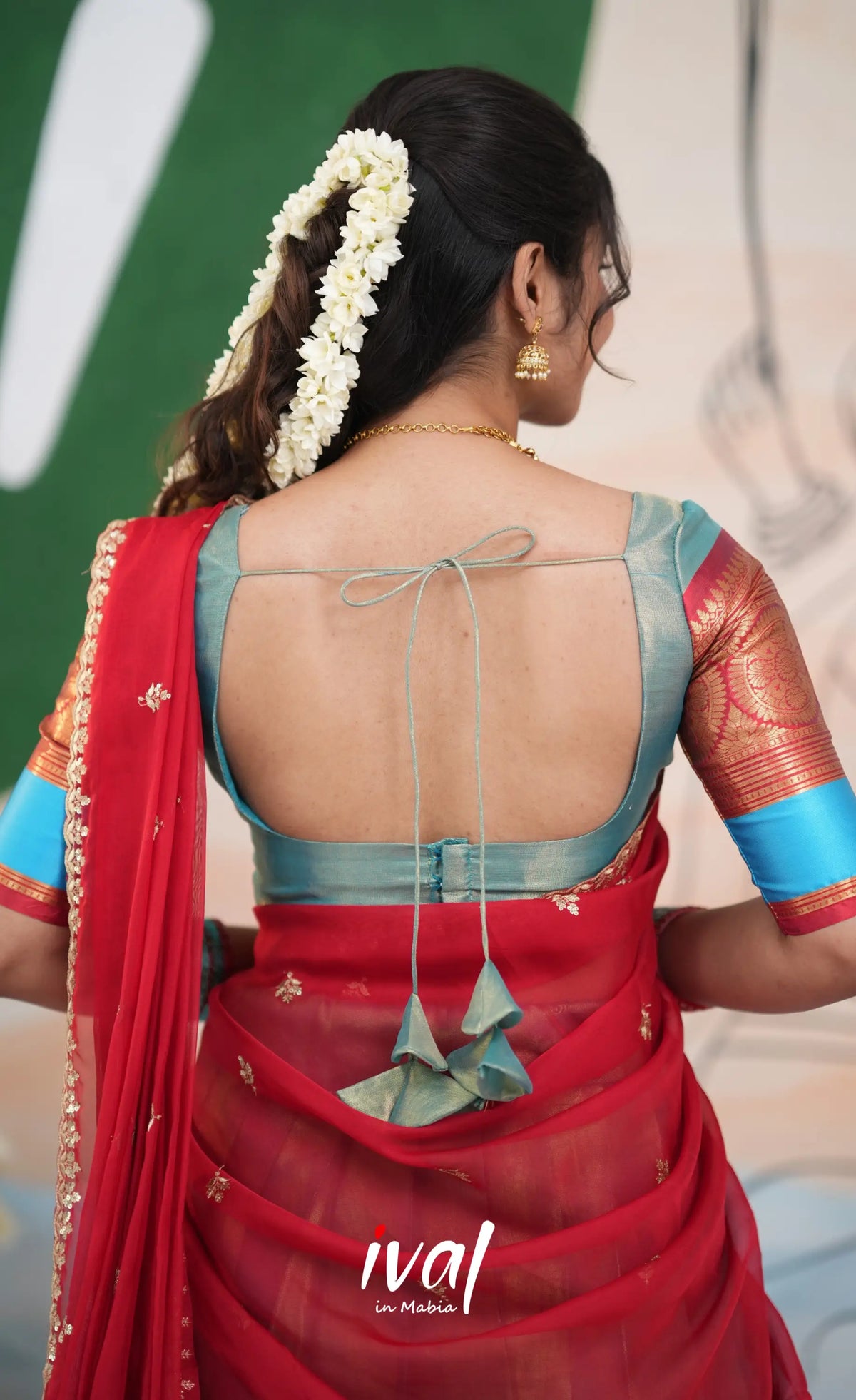 Izhaiyini Organza Halfsaree - Light Blue and Red - Half Sarees