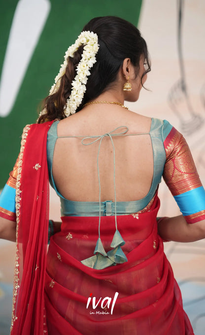 Izhaiyini Organza Halfsaree - Light Blue and Red - Half Sarees