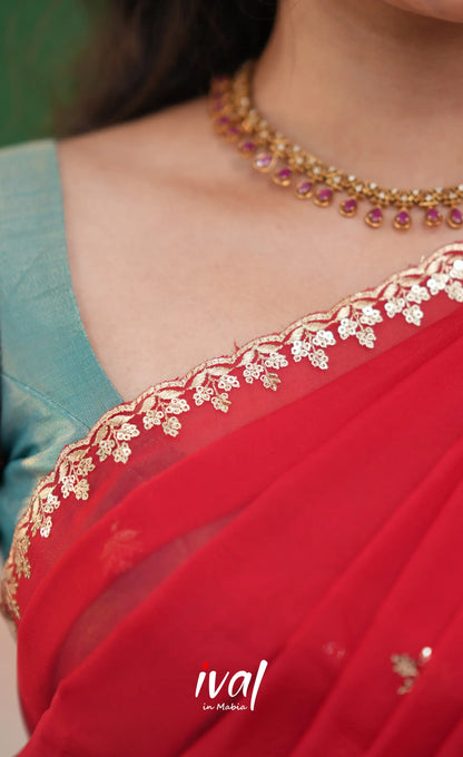 Izhaiyini Organza Halfsaree - Light Blue and Red - Half Sarees