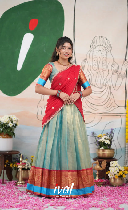Izhaiyini Organza Halfsaree - Light Blue and Red - Half Sarees