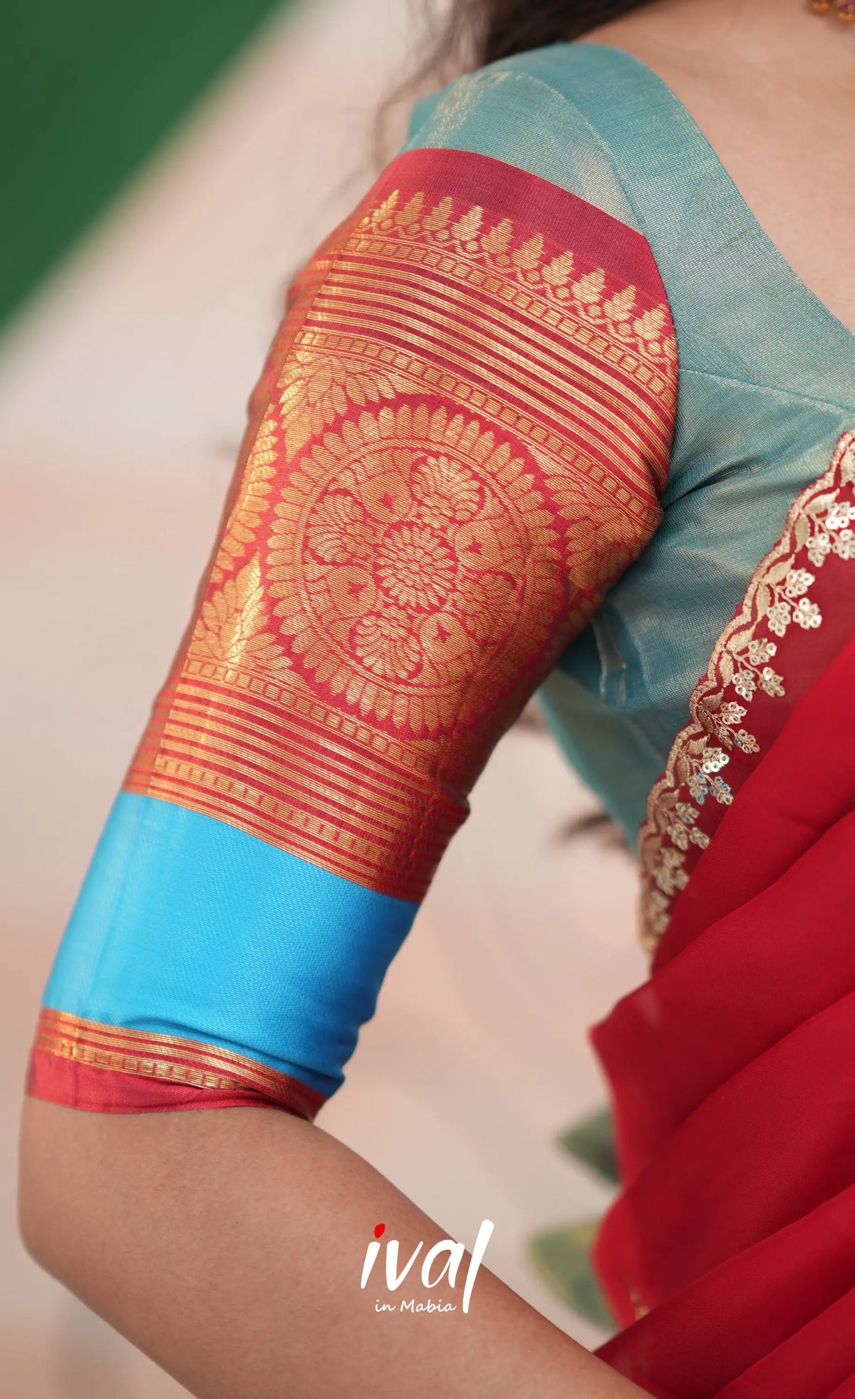 Izhaiyini Organza Halfsaree - Light Blue and Red - Half Sarees