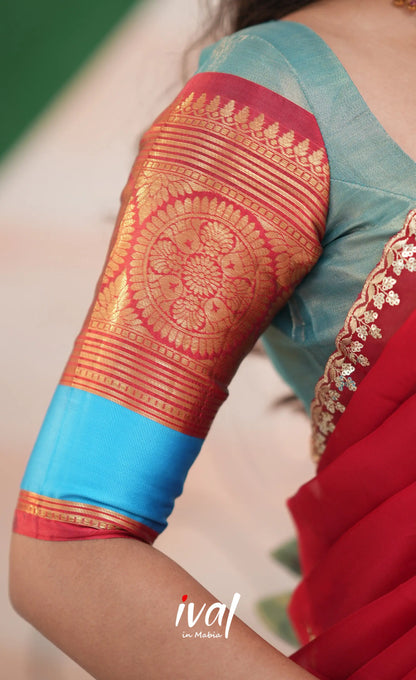 Izhaiyini Organza Halfsaree - Light Blue and Red - Half Sarees