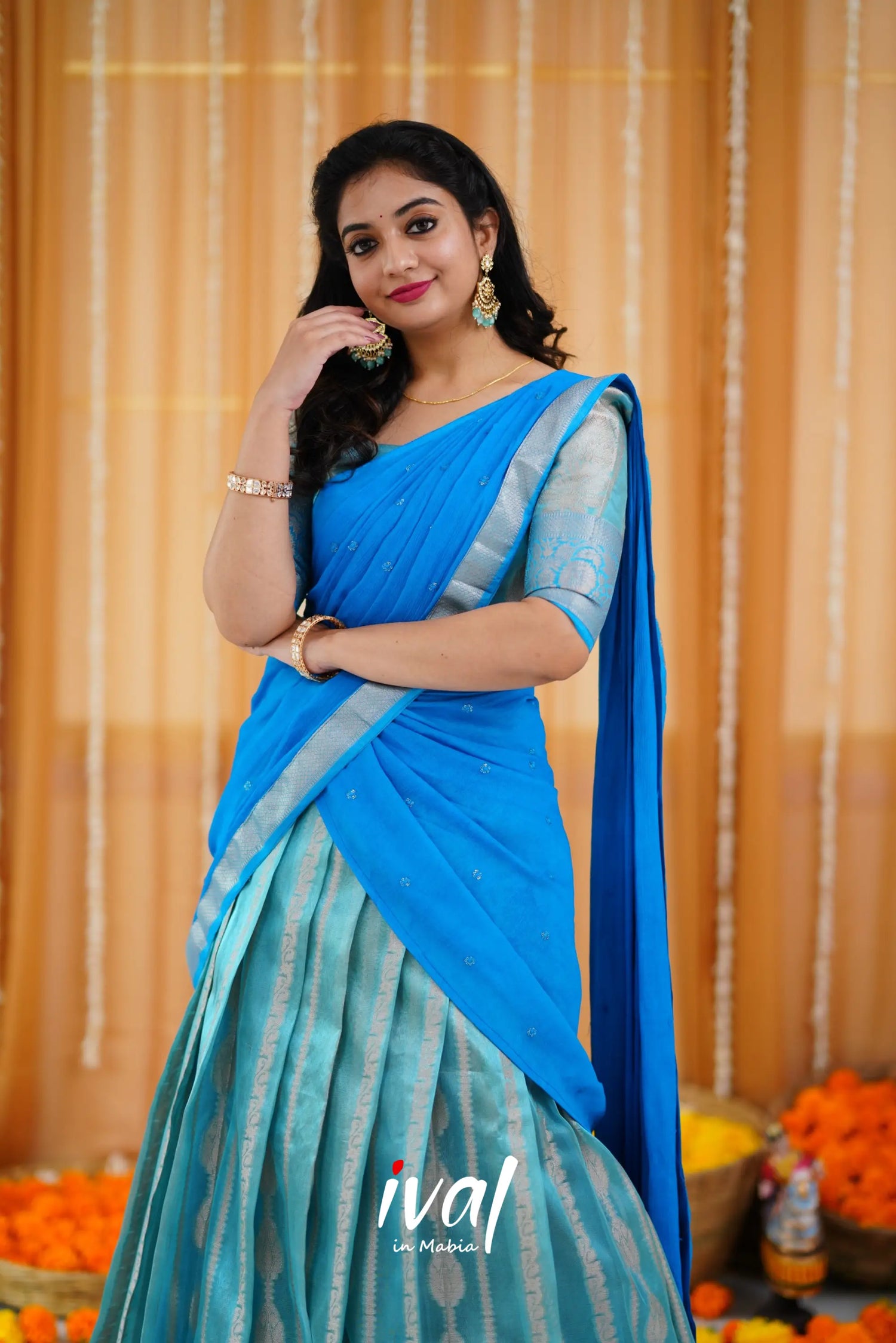 Izhaiyini Organza Halfsaree - Light Blue And Sky Half Sarees