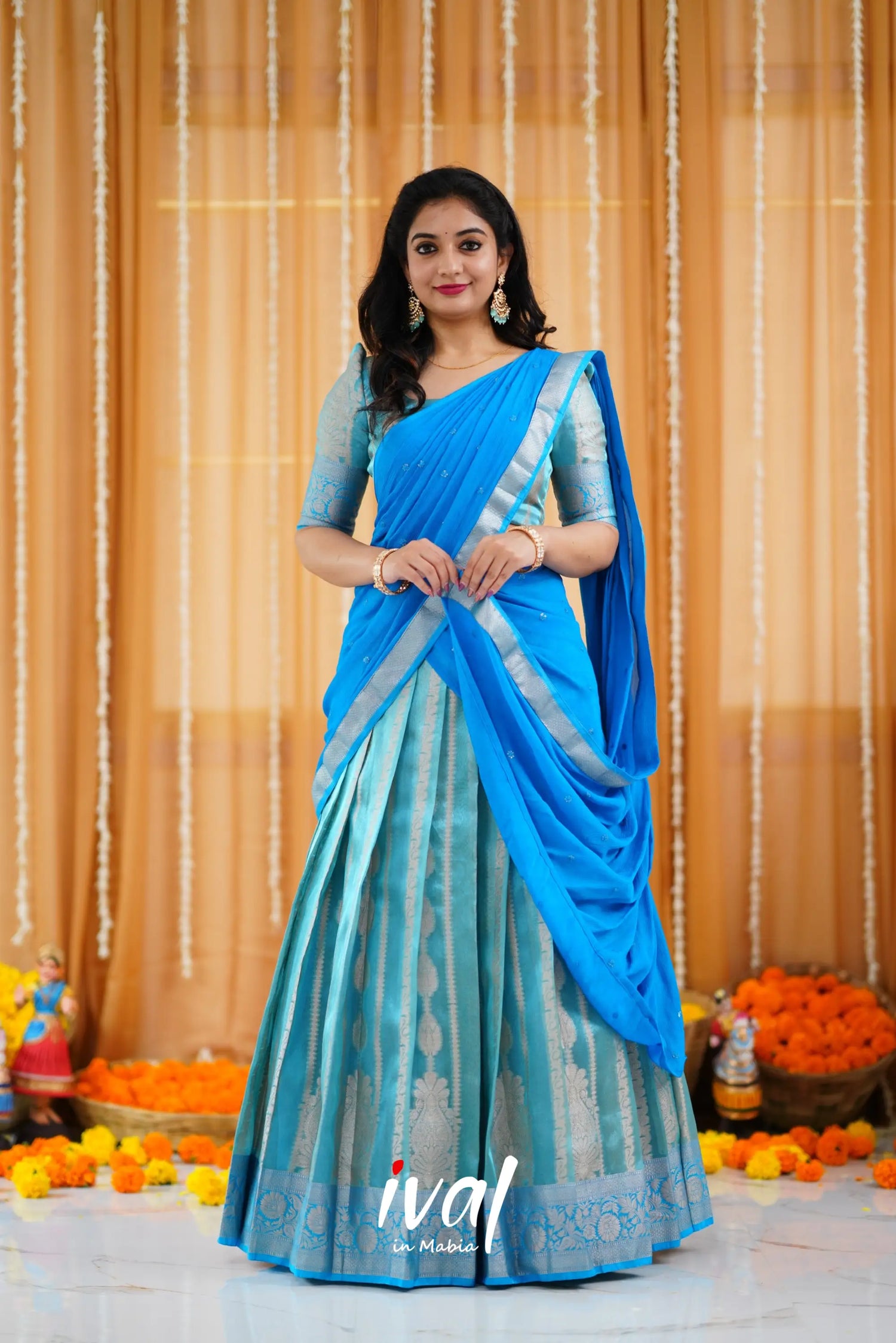 Izhaiyini Organza Halfsaree - Light Blue And Sky Half Sarees